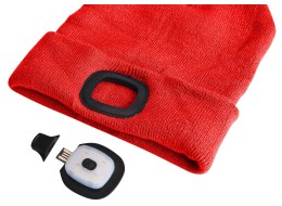 Lue med hodelykt 180 lm, oppladbar, USB, universell størrelse, bomull/PE, rød