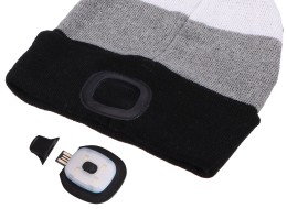 Lue med hodelykt 180 lm, oppladbar, USB, one-size, bomull/PE, svart/grå/hvit