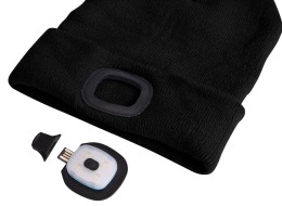 Lue med hodelykt 180 lm, oppladbar, USB, one-size, bomull/PE, svart med dusk