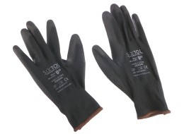 Arbeidshansker i polyester, delvis dyppet i PU GLOVE PE-PU 9, svarte, str. 9\", 6 par