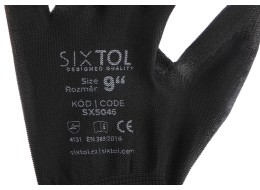 Arbeidshansker i polyester, delvis dyppet i PU GLOVE PE-PU 9, svarte, str. 9\", 6 par