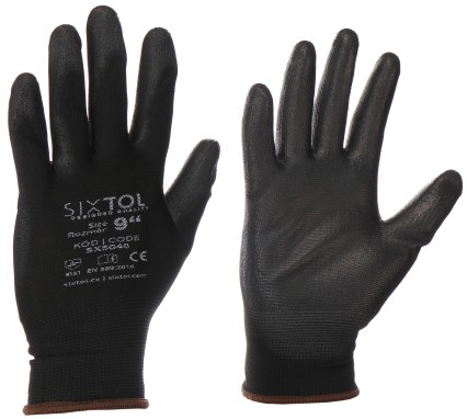 Arbeidshansker i polyester halvdyppet i polyuretan GLOVE PE-PU 9, svarte, størrelse 9"