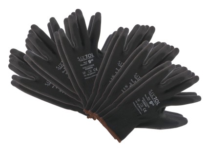 Arbeidshansker i polyester, delvis dyppet i PU GLOVE PE-PU 9, svarte, str. 9\", 6 par