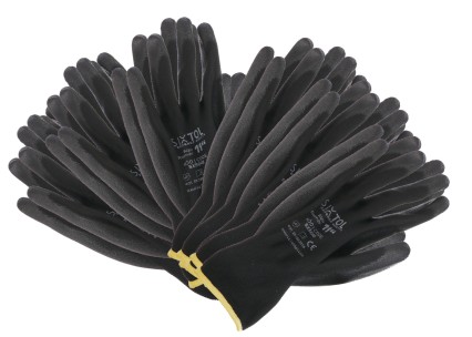 Arbeidshansker i polyester, delvis dyppet i PU GLOVE PE-PU 11, svarte, str. 11\", 6 par