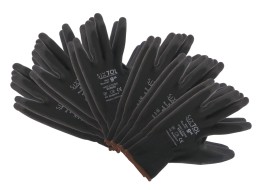 Arbeidshansker i polyester, delvis dyppet i PU GLOVE PE-PU 9, svarte, str. 9\", 6 par